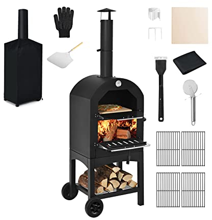 COSTWAY Forno per Pizza Portatile da Esterno, Rivestimento Impermeabile e Pala per Pizza, Forno Riscaldato a Legna con Piastra per Pizza, Fornello da Campeggio per Pizza, Nero