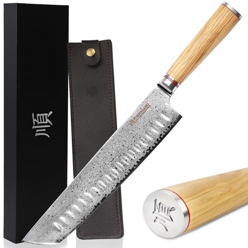 YOUSUNLONG Couteau de chef Tanto - 254 mm - Acier Damas japonais - Tranchant rasoir - Manche en bois d'olivier italien avec étui en cuir - Couteau de cuisine, Trancheur de viande, Boeuf, BBQ