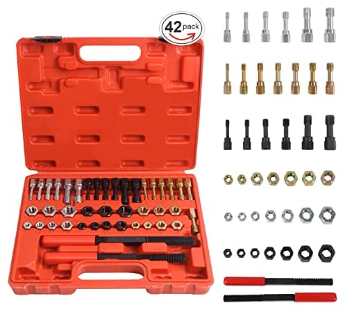 42PcsThread Chaser Repair Set, Thread Cleaning Tool Fractional and Metric Thread Restorer Kit with 21PCS Rethreading Dies, 19PCS Rethreading Taps & 2 SAE Thread Files Rethread Repair Tool