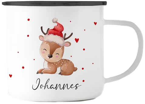 Emaille Tasse Becher personalisiert | Weihnachten | Baby Reh | Wichtelgeschenk mit Namen bedruckt | Nikolausgeschenk | Weihnachtszeit (Baby Rentier - Emaille Rand Schwarz)