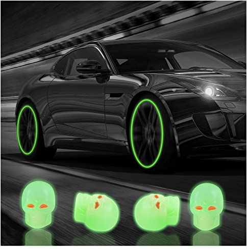 4 Stück leuchtende Totenkopf-Reifen-Luftventile, Ventilkappen, fluoreszierende Reifenventilkappen, universelle Reifenventilkappen für Auto, LKW, SUV, Motorrad, Fahrrad