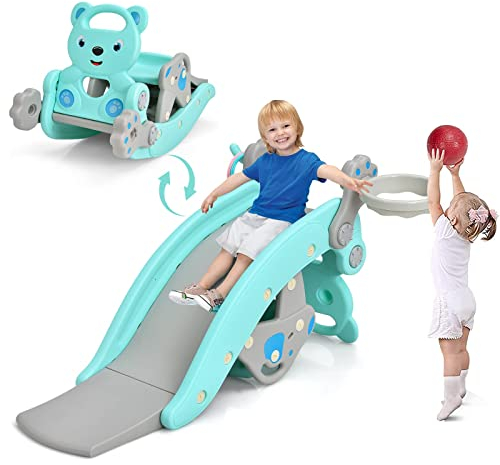 DREAMADE 4 IN 1 Kinder Rutsche mit Basketballkorb und Ringwurfspiel und Schaukelpferd, Kinderrutsche mit abnehmbarem Hocker, Kinder Spielplatz Indoor für Jungen & Mädchen (Blau-Bär)