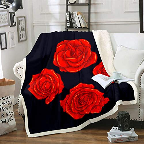 LOUJIN Frauen rote Rose flauschige Decke Mädchen Rose Blumendruck Fleecedecke für Sofa Couch Frau Romantisches Blumen Muster Dekor Sherpa Thr 200 cm x 150 cm