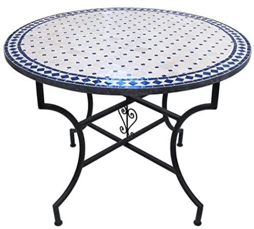 Handmade Mediterraner Orientalischer Mosaiktisch Rund Ø 120 cm Blau-Natur,Terrassentisch, Gartentisch, Fliesentisch, Handarbeit, Balkontisch Bistrotisch Kaffeetisch