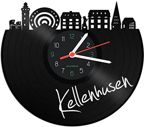 GRAVURZEILE Schallplattenuhr - Skyline Kellenhusen - Wanduhr aus gegossenem Vinyl mit Stadt Skyline 30 cm - Upcycling Designer Uhr - Moderne Wanduhr im Retro Vintage Style - Made in Germany