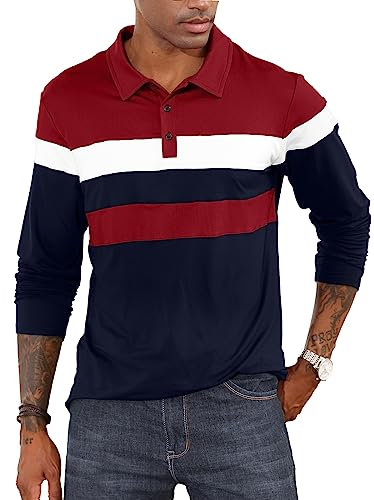 CTU Herren Polohemden Langarm Kontrastfarbiges Hemd Patchwork Hemd Golf Tennis Oberteile Marineblau, XL