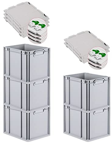 PROREGAL SuperSparSet 5x Eurobox NextGen Grip mit Scharnierdeckel und grünen Schiebeschnappverschlüssen, HxBxT 32x30x40cm, 30 L, Grau, Griffe geschlossen, Eurobehälter, Transportbox