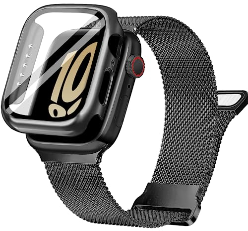 Ocaer Kompatibel mit Apple Watch Armband 41mm mit Hülle, Metall Magnetisch iWatch Armband mit Bildschirmschutz für 41mm Apple Watch Series 9 8 7, Edelstahl Milanese Loop (Schwarz, 41mm mit Hülle)
