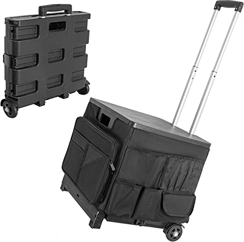 BQKOZFIN Folding Trolley Box Cart, Heavy Duty Boot Cart on Wheels with Lid, Large Shopping Trolley Box with Canvas Mobile Organizer Bag, for Travel Shopping Luggage Teacher Office Use (Black)