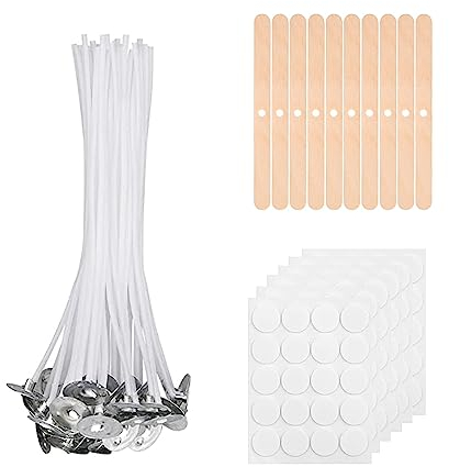EnixwH Stoppini per Candele, 100 Pezzi Stoppini in Cotone di Naturali Candela 10cm, Stoppini per Candele fai da te con 10 Porta Stoppino in Legno e 60 Adesivi Per Stoppini, per Fabbricazione Candele