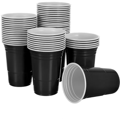 Komonee Black Cups 16oz 500ml Wide Rimmed Disposable American Superbowl Party Cups USA Adult Novelty Plastic Glass 6pc
