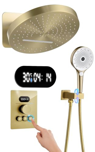 Colonne de Douche Thermostatique Encastré Or Brossé Ensemble de Douche pour Salle de Bain avec Affichage Numérique, Système de Douche à Cascade et Pluie Rond Tête de Douche, Douchette à Main 3 Mode
