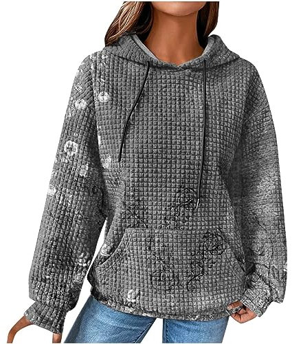 EMATOP Sweatshirt Damen Langarm Warme Pullover mit Kapuze Pulli Oberteile Baumwolle Vintage Hoodie Causal Sport Kapuzenpullover Mode Waffel Kapuzenpulli Langarmshirt Tops Sale online