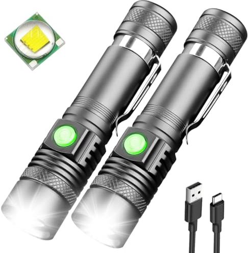 LeKaufen Taschenlampe LED Aufladbar 2 Stück, Klein Taschenlampe Camping mit Stroboskop, 2000 Lumen 4 Modi, Einstellbarer Fokus, Wasserdicht für Kinder Outdoor Reisen Geschenk