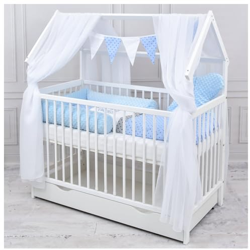 Baby Delux Babybett Komplett Set Hausbett 60x120 cm weiß Schublade Rausfallschutz Kinderbett Matratze Bettwäsche Deko Set (Prince Stars)