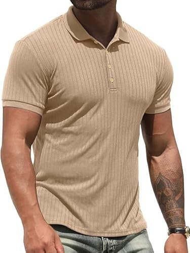 NITAGUT Men's Polo Shirts Short Sleeve Casual Slim Fit Golf Shirts Beige White,X-Large