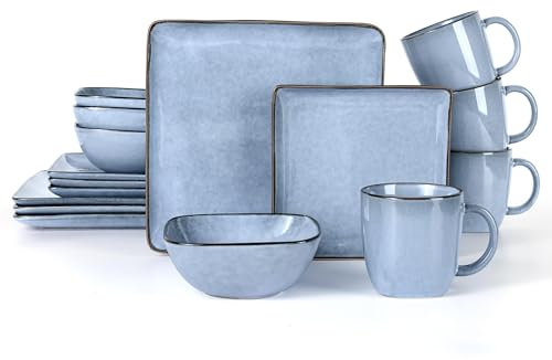 LIANYU Set di stoviglie quadrate, 16 pezzi in gres porcellanato, set di 4 ciotole e piatti moderni per dessert, insalata, zuppa, pasta, resistente a sbeccature e graffi, colore: blu acquamarina