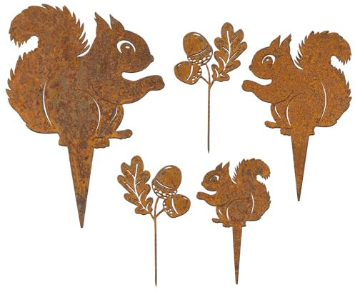 BOFUNX 5 Stück Rost Gartenstecker Herbst Gartendeko Roststecker Metall Rost Eichhörnchen Tannenzapfen Herbstdeko Tier Rostfigur Rost Deko für Herbst Garten Terrasse Balkon Blumentopf