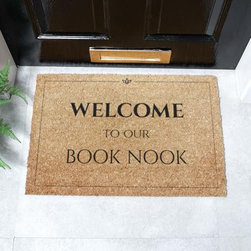Artsy Mats - Welcome To Our Book Nook - Made from Tufted Coconut Fibre - Non-Slip Natural Rubber Backed Door Mats Indoor - Heavy Duty, Decorative Outdoor Mats (60x40cm)