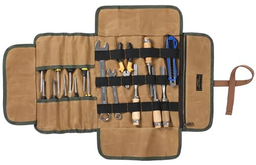 Tool Roll aus 16oz waxed canvas | Werkzeug-Rolltasche mit 9 Schlitzen + elastischen Bandhalterungen | Handwerkertasche für Zangen, Muttern & Schreinerwerkzeuge | Khaki | 60x30cm
