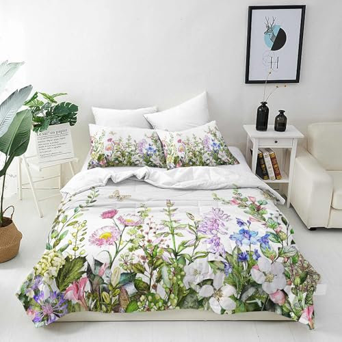 ANHOPE Floral Bettwäsche Set 3 Teilig Aquarell Blume Schmetterling Bettbezug 155x220 cm + 2 Kissenbezug 80x80 cm Weich Microfaser Bettbezüge mit Reißverschluss Ganzjahres Bettdeckenbezug Set