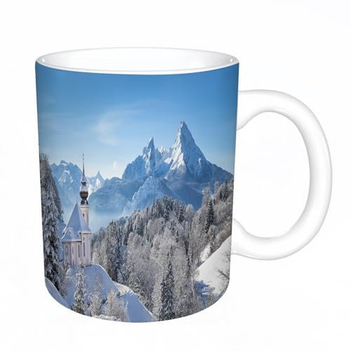 KDWJS Tasse Keramik Kaffeetassen Große 11oz Tassen 330ml Trinkgläser Mit Griff Personalisierte Geschenk Weiß,Winter, schneebedeckte bayerische Alpen mit Maria Gern mit berühmten Watzmann Festszenen a