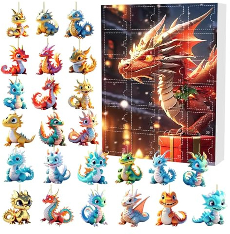 Weihnachts-Drachen-Adventskalender 2024, 24 Tage, Weihnachts-Countdown-Kalender mit Drachen-Anhängern, Ornamenten, Acryl-Drachen-Adventskalender (Mehrfarbig 2, 24 Stück)