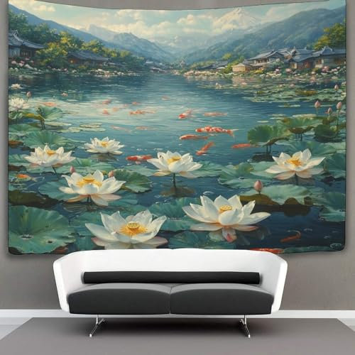 OSBELE Im Wasser blühender Lotos Wandteppich Wandbehang Wandtuch Tapestry Wall Hanging,Wandteppich Koi Wanddeko Für Schlafzimmer Wohnzimmer Wohnheim 130cmx150cm