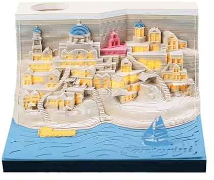 3D Calendar 2025 Santorio Island, Time Piece Calendar 2025, 3D Sticky Notes Tear Away Calendar, Art Memo Pad DIY Carving Notepad, for Home Office Decoration Gift (Santorio Island)