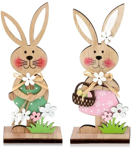 2 Stück Deko Aufsteller für Ostern Osterhasen zum Hinstellen Osterdeko Holz Hase Osterhases Figur Holz Osterhasen Paar mit Blume Osterdekoration aus Holzs zum Hinstellen (mit Holzfuß，Rosa/Grün)