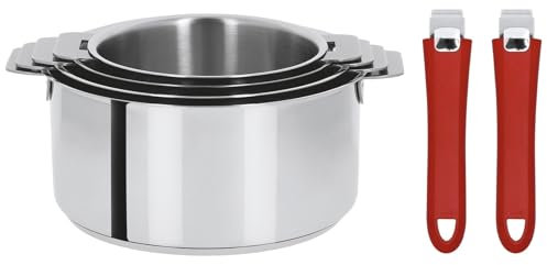 Cristel - Série de 4 casseroles Mutine amovibles Ø14 - Ø16 - Ø18 - Ø20 cm + 2 poignées amovibles Framboise - Cristel