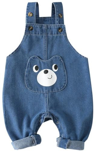 AOOPOO Salopette Bimba da Lavoro Neonate Tuta in Jeans alla Moda con Motivo a Rana, Bambina Tuta Salopette in Denim Tutina Carino Neonata Pantaloni Jeans per Bebè 0-3 Anni