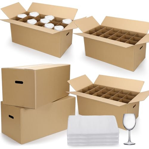 AmazingSpark 5 Sets Glass Packing Kit for Glasses and Stemware 24 x 12 x 11 Inch Includes 5 Kitchen Moving Boxes 5 Cell Divider Unit 90 Foam Pouches Glass Packing Boxes for Moving Glasses Wine Dish