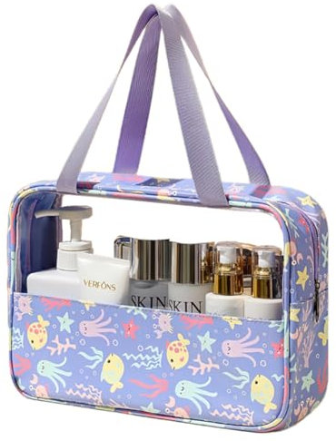 Trousse de Toilette Imperméable en PU– Pochette de Voyage Motif Imprimé,Cosmétiques à Glissière Portable,Grande Capacité pour Articles de Toilettes, Cosmétiques, Avion, Organisation (Violet)