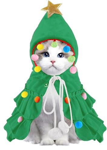 XIMISHOP Weihnachtskostüm Katzen Hunde Umhang Mit Design Stern und Bommel | Katzenbekleidung Weihnachtsbaum Umhang Klassische Grün Weihnachtskleidung Für Weihnacht Haustier Party