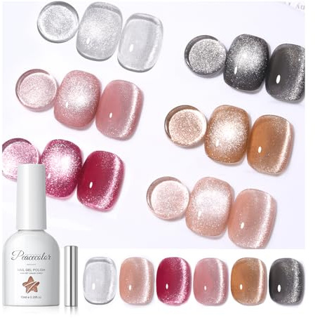 PEACECOLOR Cat Eye Gel Nail Polish, 6 Colours Balck Silvery Brown Magnetic Soak-Off UV/LED Holographic Cat Eye Gel Polish with Magnet for Nail Art Salon DIY Home, 10ML