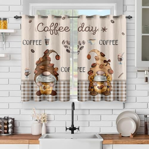 VELOMEA Coffee GNOME Gardinen Karo Muster Kaffee Braun Beige Country Farmhouse Vorhänge für Küche Café 2er Set 107x114 cm