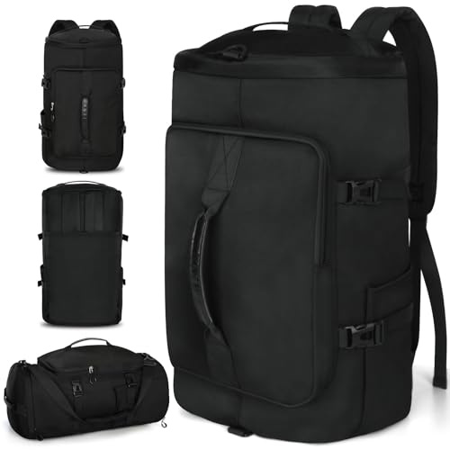 KYYLZ 45L Sporttasche Damen Herren, Groß Reisetasche mit Schuhfach und Nassfach Travel Duffle Bag mit Rucksack Weekender für Sporturlaub, Reisen, Fitnessstudio, Schwimmen, Schwarz