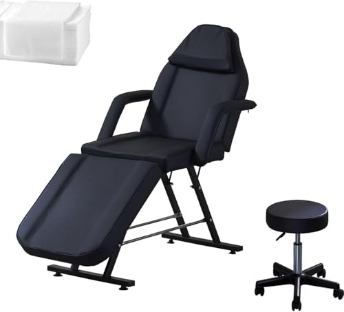 KernGut Massageliege Schwarz, Klappbar, Höhenverstellbar | Tattooliege, Kosmetikstuhl, Abnehmbare Armlehnen & Kopfstütze, Hocker & Bettwäsche inklusive