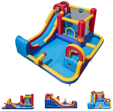 GOPLUS 4 en 1 Château Gonflable Vague, Aire de JeuxGonflable en Tissu Oxford avec Double Toboggan, Canon à Eau, Mur d'escalade, Panier, Piscine à Balles et Filet, Charge 90KG (Vague sans Souffleur)
