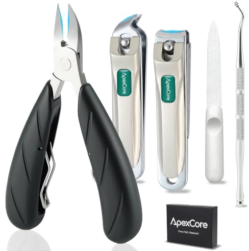 ApexCore Coupe Ongle Pieds Set Large Professionnel Acier Inoxydable 5Pcs | Coupe-ongles professionnel en acier inoxydable avec récupérateur pour hommes, personnes âgées, grand coupe-ongles avec lime