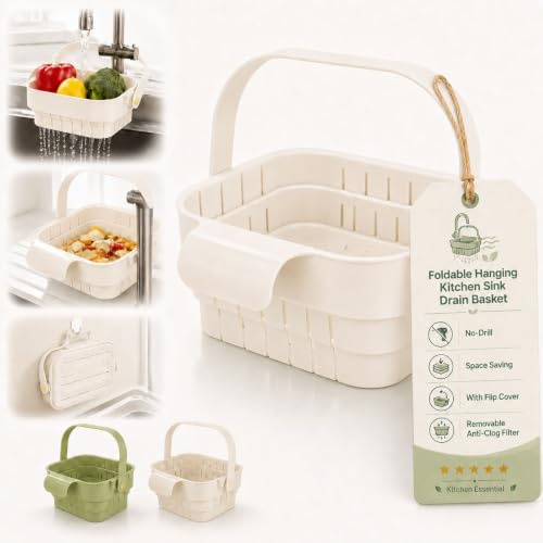 Foldable Hanging Kitchen Sink Drain Basket, No-Drill Faucet Hanging Strainer Basket with Flip Cover, Removable Anti-Clog Filter Space Saving Kitchen Sink Strainer for Fruits Vegetables Utensils (B)