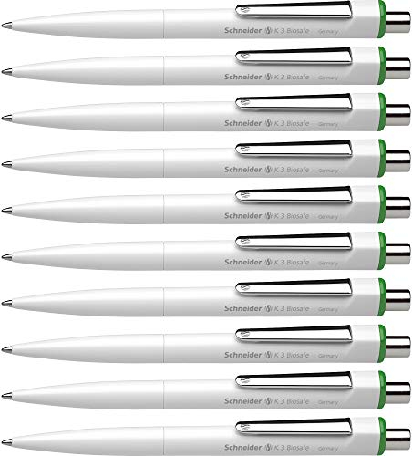 Schneider K 3 Biosafe Kugelschreiber (Strichstärke M, dokumentenechte Mine - Schreibfarbe: grün, Made in Germany) 10er Packung