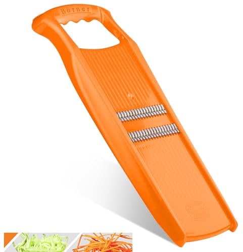 Börner Roko PowerLine Coupe-Légumes • Coupe-Julienne pour Fruits et Légumes • Râpe Julienne pour Fines Lamelles • Râpe Fine à Légumes • Mandoline de Cuisine (Orange)
