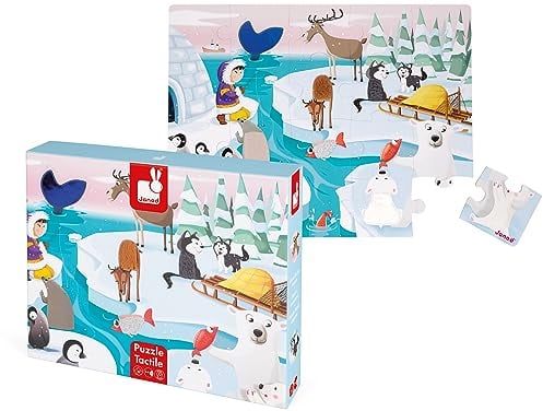 Janod Tast-Puzzle für Kinder, das Leben auf dem Packeis, 20 Teile, davon 7 mit Textur, Lern- und Tastspiel, Tastsinn, Feinmotorik und Konzentration, ab 2 Jahren, J02773, Einfarbig