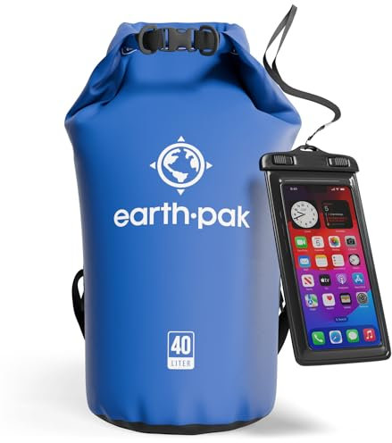Earth Pak – Wasserdichter Packsack mit Schultergurt und wasserfester Handyhülle – Ideale Rolltop Tasche beim Kajak Fahren, Wandern, Camping, Angeln, Bootfahren und Rafting (Blau, 40L)