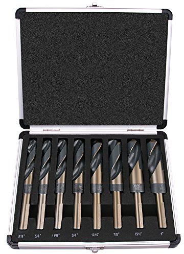 EFFICERE 8-Piece Premium 1/2” Reduced Shank Silver and Deming Large Drill Bit Set in Aluminum Carry Case, M2 High Speed Steel, 135-Degree Split Point | SAE Inch Size 9/16” - 1” by 1/16th Increment