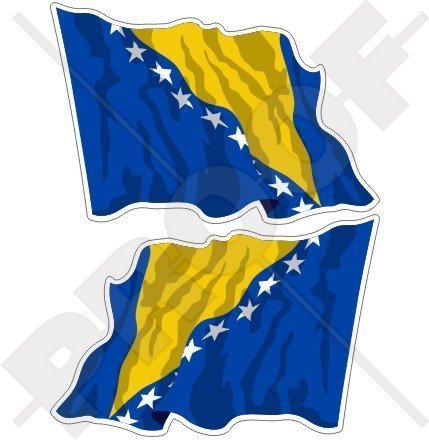 BOSNIEN & HERZEGOWINA Wehende Fahne 75mm Auto & Motorrad Aufkleber, x2 Vinyl Stickers