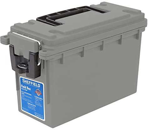 Sheffield 12628 Ammo Storage Box, Stackable .30 Cal Field Boxes, Water and Dust Resistant, Lockable Storage Box with Handle, Secures Hunting Gear, Supplies, and Bullets, Made in USA, Gray, 1-Pack