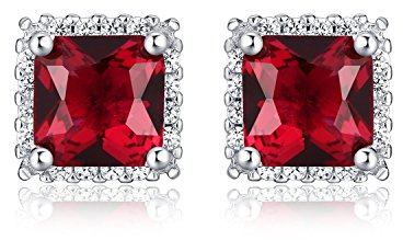 Diamond Treats Rubinrote Ohrringe aus 925 Silber, quadratische Ohrstecker mit roten Zirkonia-Steinen, massive Silber rote Ohrringe für Damen, 925 Silber Ohrstecker für Frauen in Rot